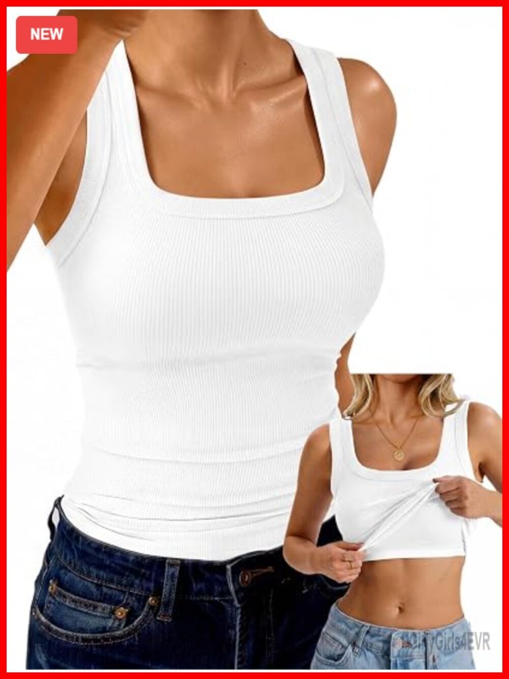Square Neck Ribbed Built in Bra Tank Top Sleeveless Racerback Tanks